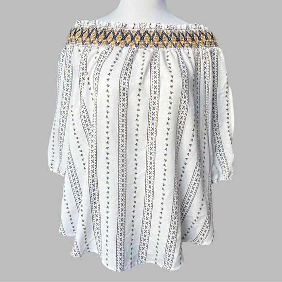 J By J.O.A Smocked Off Shoulder Floral Striped White Top. White, blue, & yellow - Picture 5 of 10